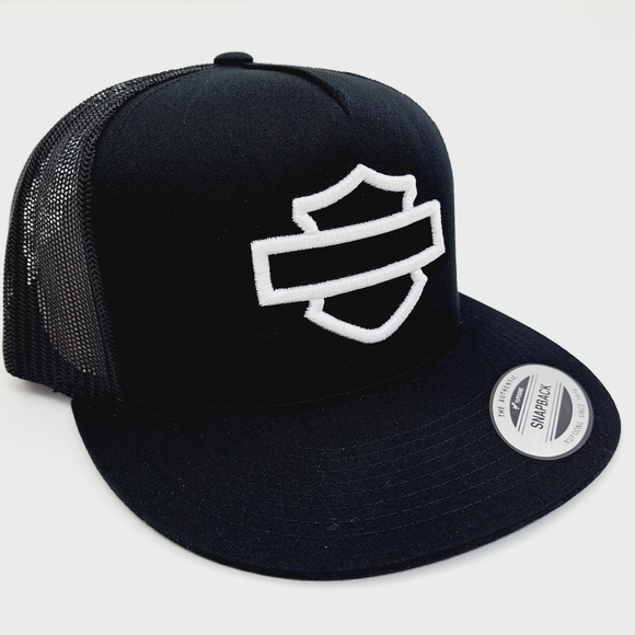 Harley Bar & Shield Flat Bill Snapback Baseball Cap Hat Black Embroidered - Picture 3 of 4